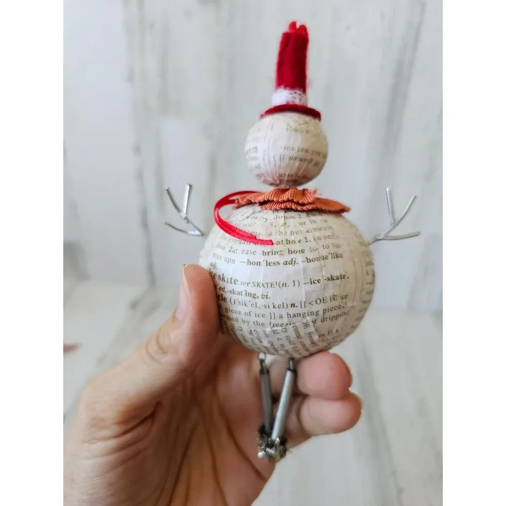 Shabby chic jointed snowman newspaper ornament‎ tinsel glitter hat Xmas tree
